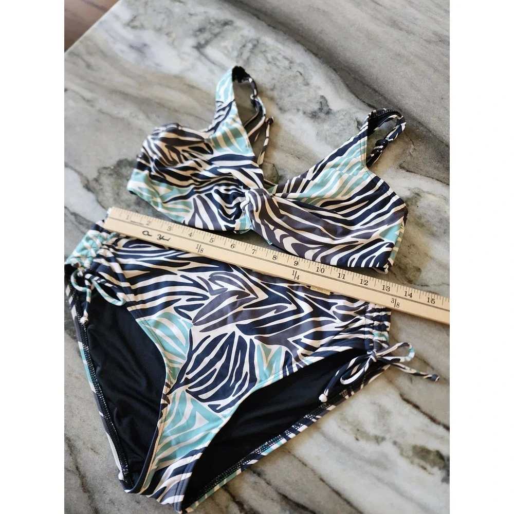Sunseeker Australia Bikini Set 34D Top US 6 High Waist Bottom Zebra Print Blue